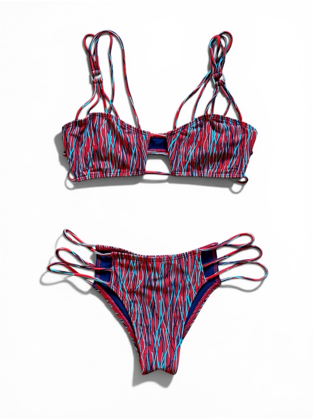 Mia Marcelle Strappy Red Bikini Set Stripe | Size S/M | USA Luxury Swim